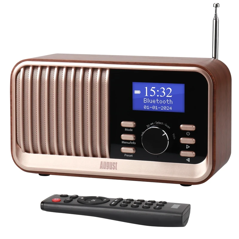 August MB450K Portable DAB/DAB+/FM Radio with Bluetooth 5.3 – Rechargeable Digital Radio with 60 Presets, 18H Playback, Dual Alarm Clock with Sleep Timer, USB, AUX & MicroSD, Remote Control – Oak