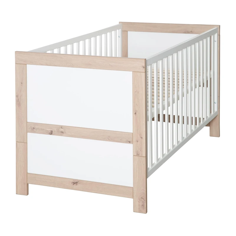 roba Malo Baby Cot 70 x 140 cm – Adjustable Cot – Adjustable Height – Transformable into a Junior Bed, White Lacquered Wood, Sonoma Oak Decor - Image 1