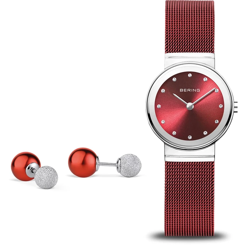 BERING Women's Watch Quartz Movement - Classic Collection with Stainless Steel and Sapphire Crystal 10126-303-GWP , Silver/Red