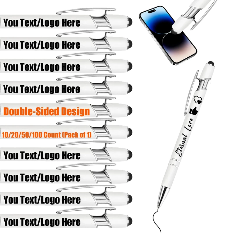 Personalised Gel Ink Rollerball Pens Bulk, Retractable Ballpoint Pens, Customised Laser Engraved Stylus with Name,Text,Logo Metal Ballpoint Pen Gift for Office Business School White 100 PC