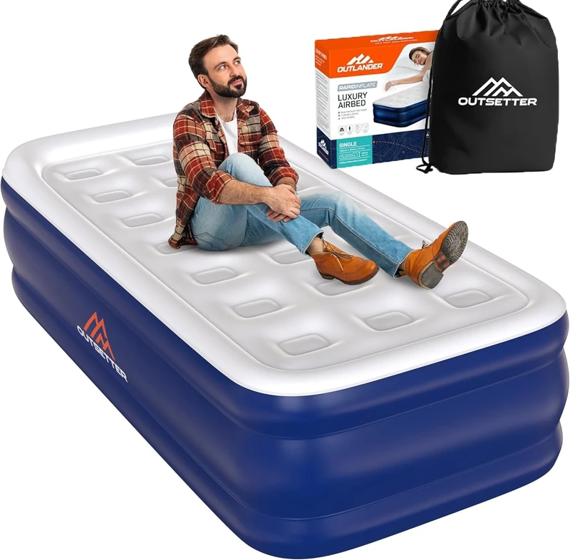 Air Bed Single with Built-in Pump – Premium Flocked Blow-Up Mattress for Adults & Kids, Waterproof Raised Camping Air Mattress with Carry Bag, Fast Inflating airbed for Indoor Outdoor Travel