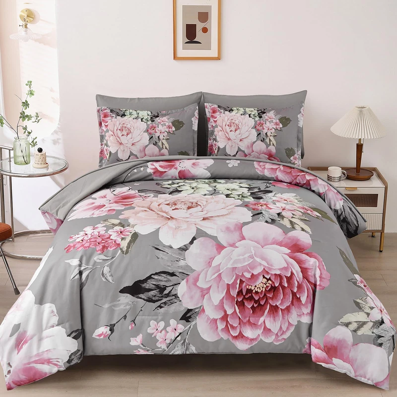 Dintszyayue Grey Comforter Set Queen Size,7 Pieces Pink Floral Print Bed in Bad Elegant Flower Bedding Set Soft Bedding for All Season with Flat Sheet, Fitted Sheets, Pillowcases & Shams