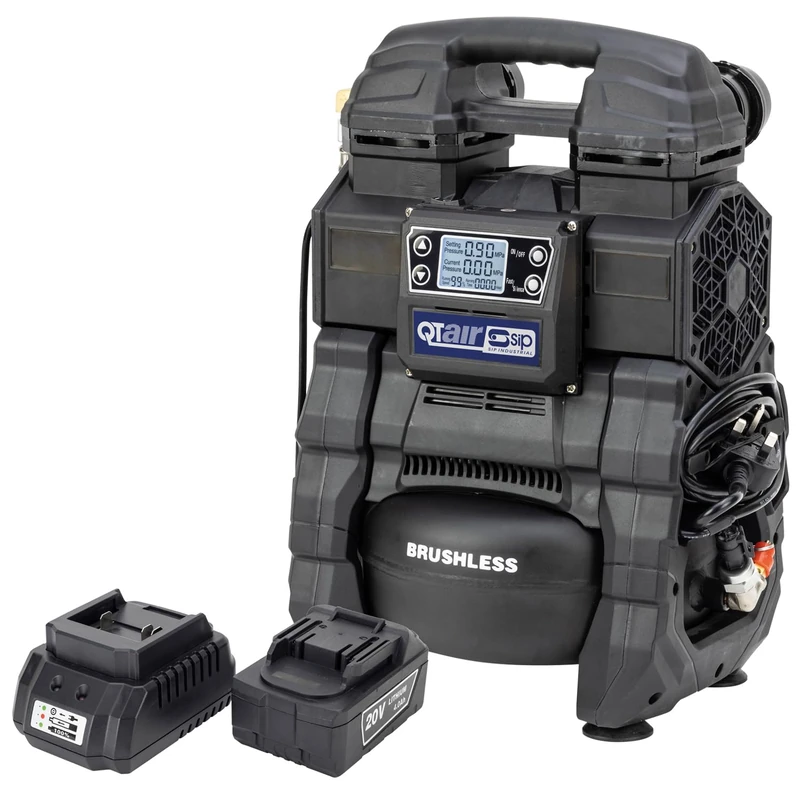 SIP QT Air Compressor Battery & Mains Oil-Free Direct Drive 18V-20V (DC) / 230V 5L 500W 9 Bar 2.8CFM