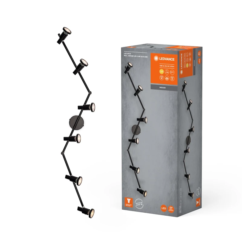 LEDVANCE LED SPOT GU10 6 x 3.4W, 1380lm, Black, 2700K Color Temperature, Warm White Light Color, Timeless Design, Replaceable LED lamp, Ideal for Indoors, CRI 90, Adjustable Heads