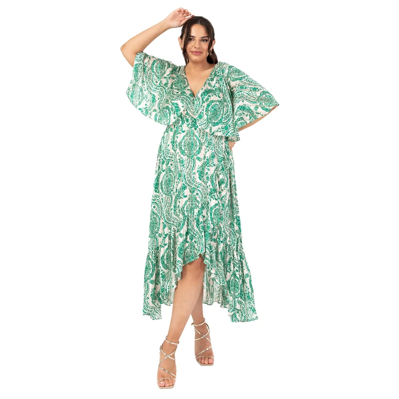 Lovedrobe Women's Ladies Midaxi Dress V-Neck Cape Sleeve Abstract Floral Print Ruffle Hi Low Hem Wrap Belted A-line Green 22