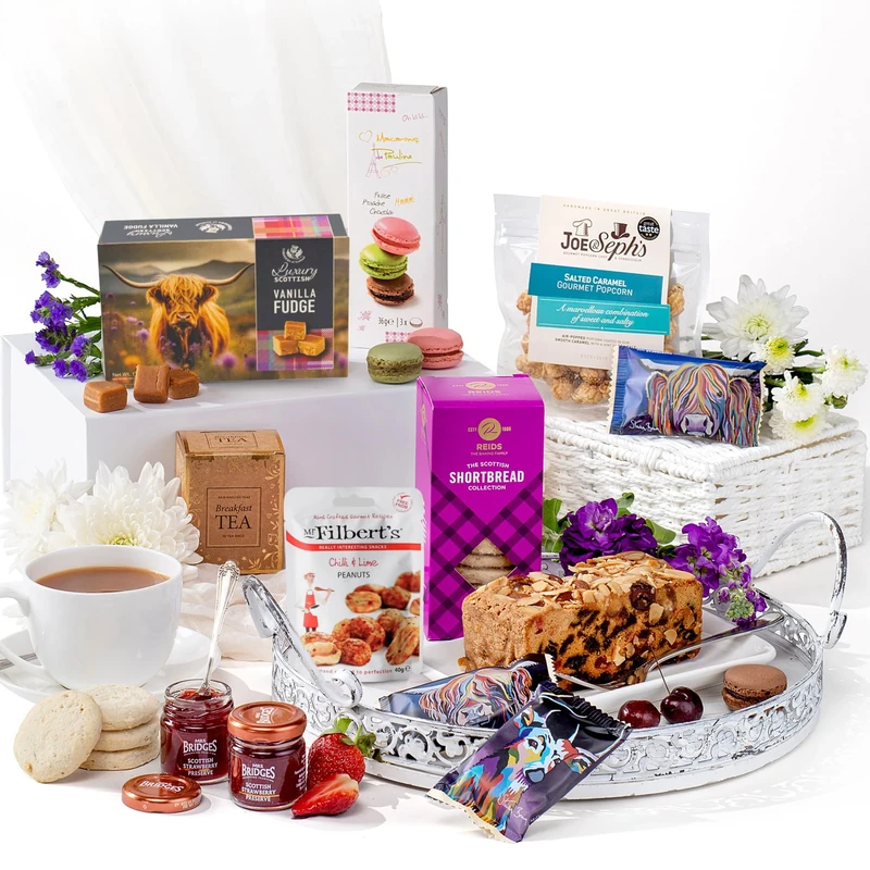 Hattie’s Gifts Afternoon Tea Gifts for Women and Men - Luxury Food Hamper with Fruit Cake, Fudge, Shortbread, Jam & Gourmet Snacks – Birthday Present, Valentines Hamper & Thank You