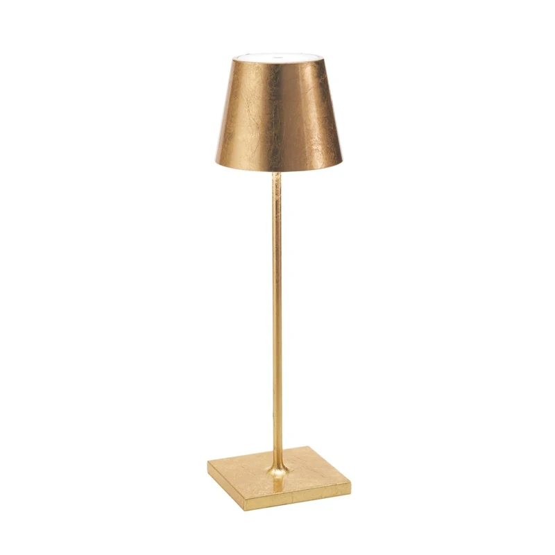 Zafferano Poldina Pro Lamp with Gold Colour Leaf, Rechargeable Cordless Table Lamp with Touch Controls, Indoor Use, 2200-3000 K, Height 38 cm