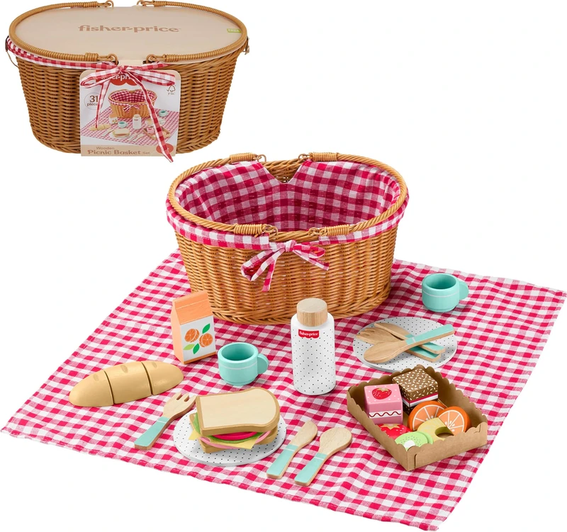 Fisher-Price Wood Pretend Play Toy Picnic Basket, 31-Piece Wooden Food Playset for Preschool Kids Ages 3+ Years, HXT81