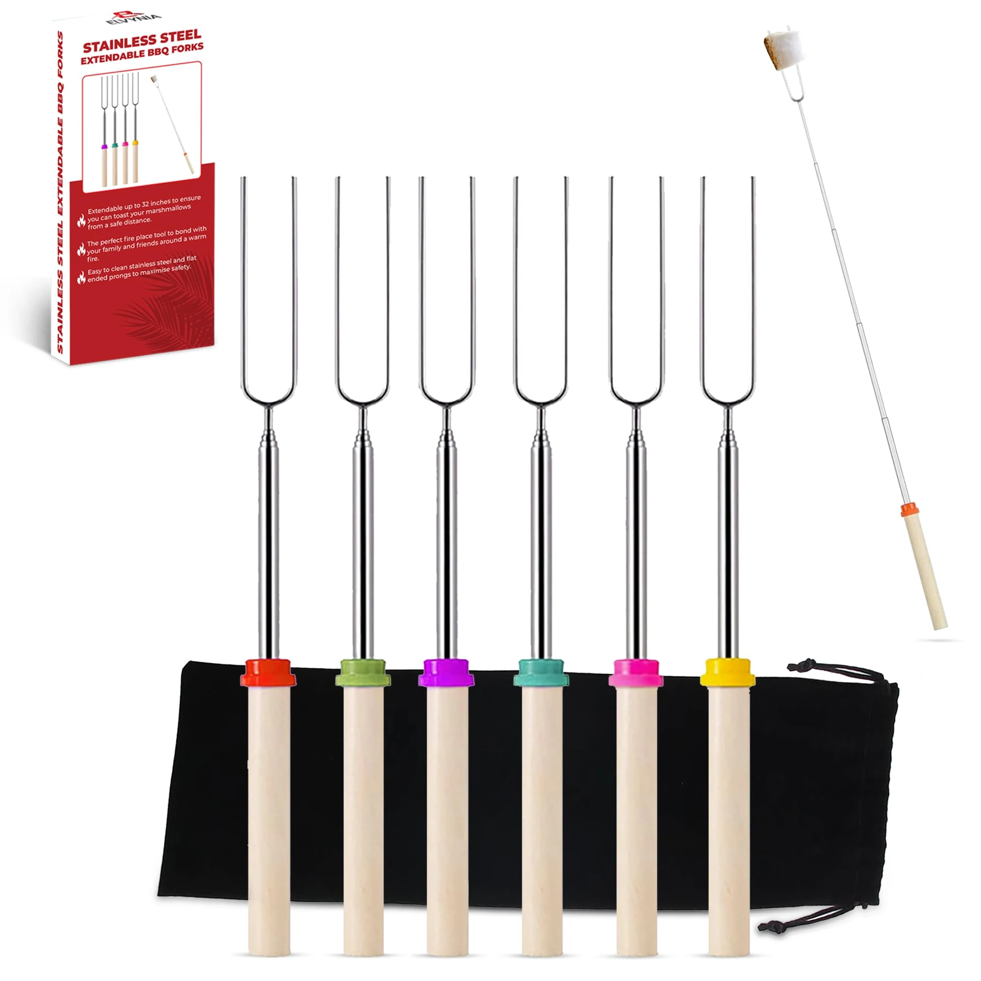 ELVYNIA 6 Pack Marshmallow Toasting Forks Kit - Extending Stainless Steel U-Shape Smores Sticks for Roasting & Toasting Over an Open BBQ - Retractable Fire Pit Accessories for Outdoor, Indoor Campfire