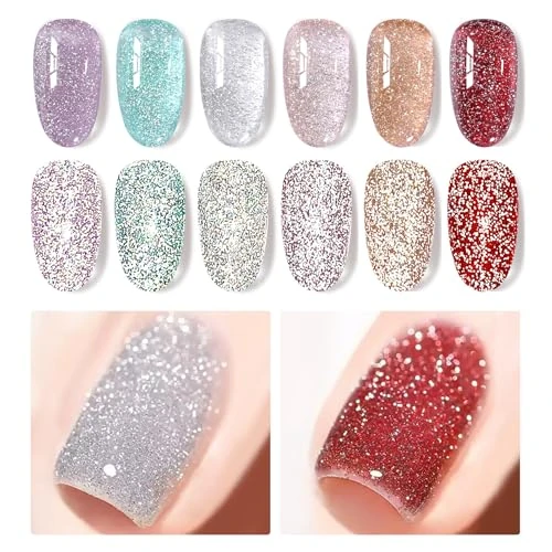 BORN PRETTY Reflective Glitter Gel Nail Polish Set 6 Colors Iridescent Glitter Gel Flash glitter Silver Gold Soak Off U V LED Spring Summer Glitter Nail Gel Polish Blue Red Manicure Kit
