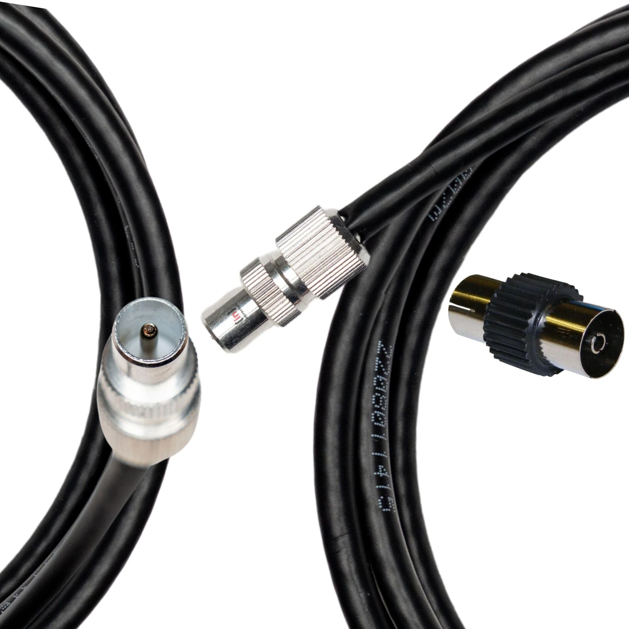 Inbrackets Tv Aerial Coax Cable RF Lead Male Plug to Plug with Coupler (Black, 2 metres)