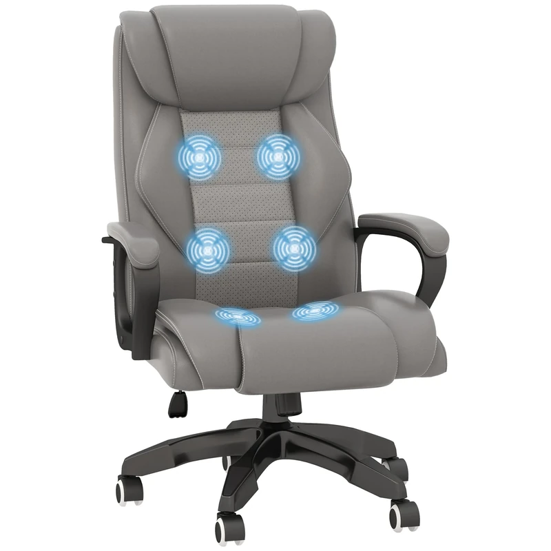 Vinsetto Office Chair with 6-Point Maaage, PU Desk Chair with Padded Seat and Armrest, Computer Chair with Tilt Function for Home, Grey