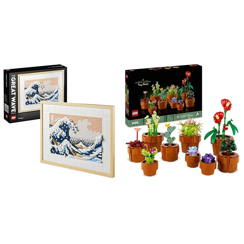LEGO Art Hokusai – The Great Wave, 3D Japanese Wall Art Craft Kit, Framed Ocean Canvas & 10329 Icons Tiny Plants Set, Artificial Flowers in 9 Buildable Teracotta-Coloured Pots