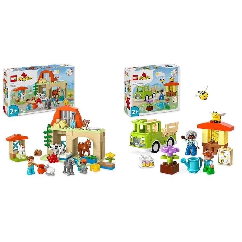 LEGO DUPLO Town Caring for Animals at the Farm Toys for Toddlers, Farmhouse & DUPLO Town Caring for Bees & Beehives, Kids’ Learning Toy with Drivable Truck, Beehive and 2 Figures