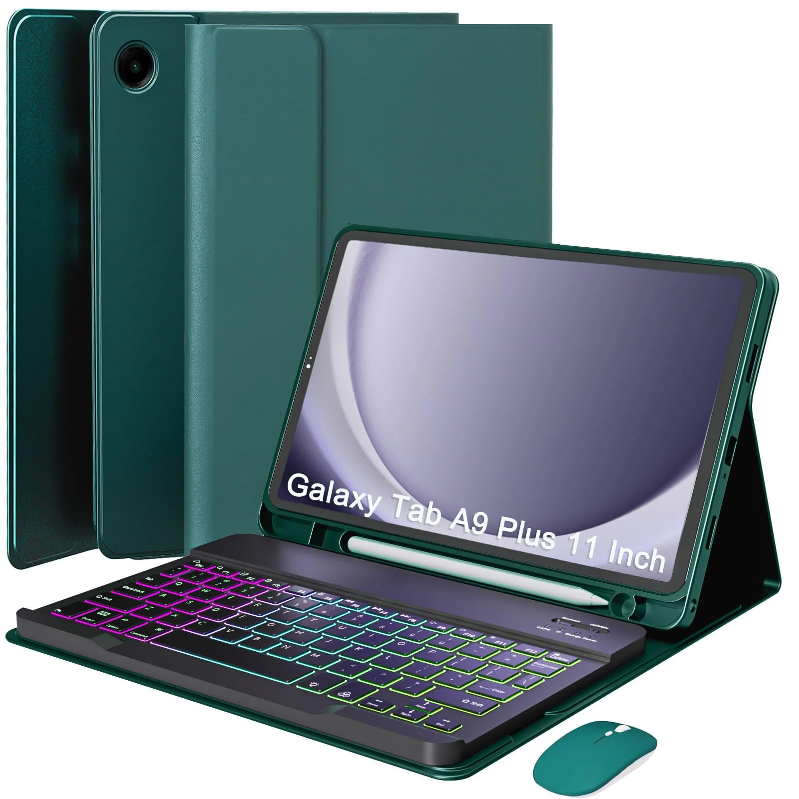 VLEAQC Keyboard Case for Samsung Galaxy Tab A9+/A9 Plus 11 Inch 2023 (SM-X210/X216/X218), Detachable Color Backlit Bluetooth Keyboard and Mouse, Slim Lightweight Stand Cover with Pen Holder,Green