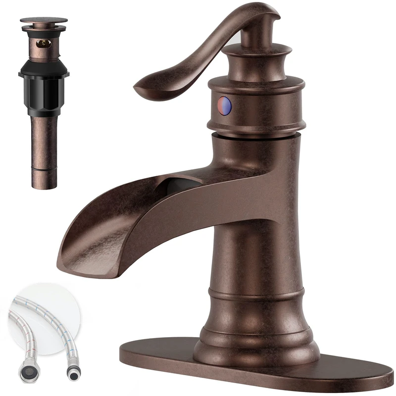 BATHLAVISH Copper Bathroom Faucet, Farmhouse Bathroom Faucet, Waterfall Bathroom Sink Faucet, Single Hole Single Handle, Vintage, Antique Toilet Basin with Pop Up Drain with Overflow