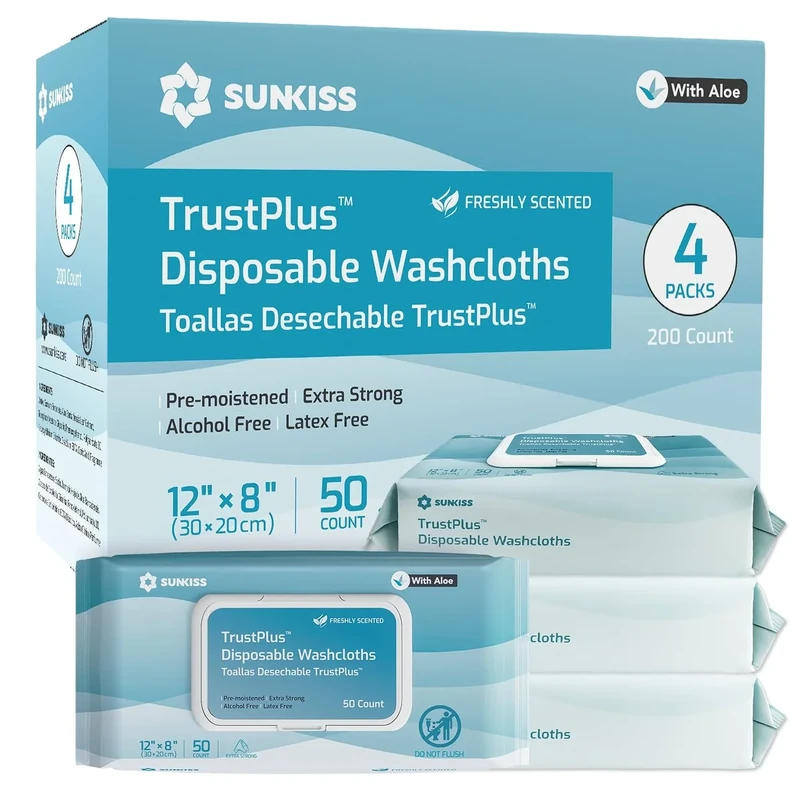SUNKISS Trustplus Wet Wipes for Adult, Extra Thick 20 x 30 cm Body Cleaning Wipes with Aloe for Incontinence & Cleansing, Fresh Scent, 200 Count (4 Packs of 50)
