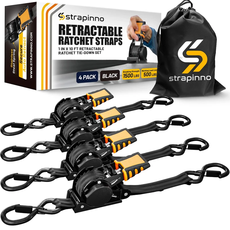 Strapinno Retractable Ratchet Straps 1 in x 10 ft, Secure Tie-Downs with Rubber-Coated Steel Handles, for Motorcycle, Jetski, Kayak, Breaking Strength 1,500LBS/680KG (Black Strap, Black Coated)