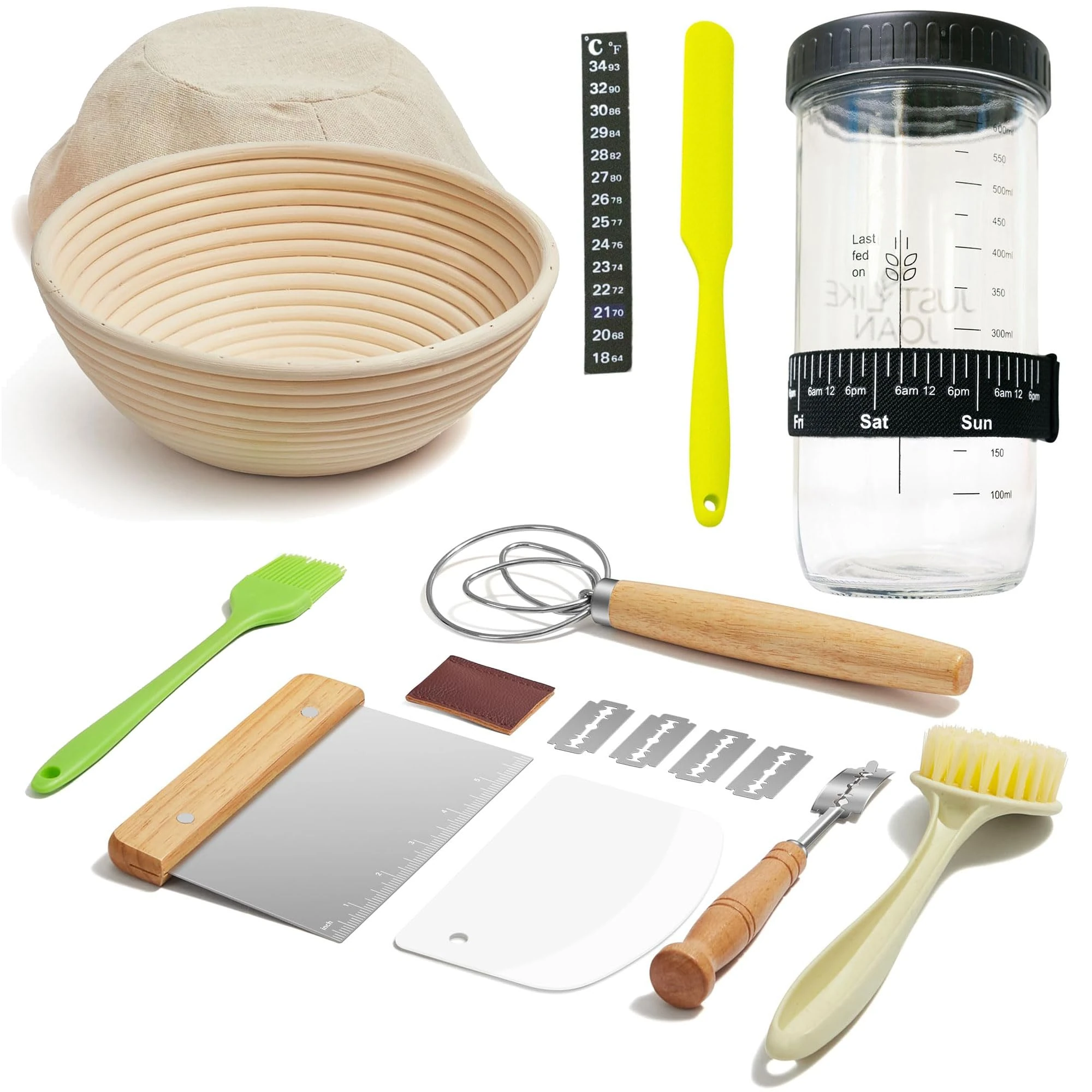 Boyun 9 Inch Round Sourdough Starter Kit with Guide EBook, Sourdough Starter Jar Set, Baking Tools Banneton Sourdough Proofing Basket with Bread Lame, Dough Scraper, Basket Cover for Bread Making