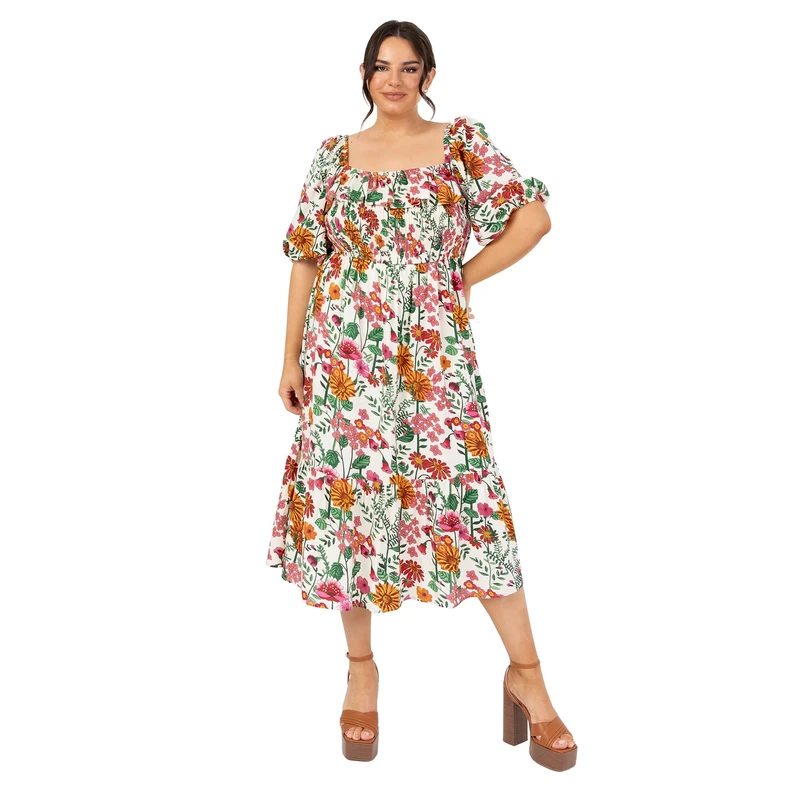 Lovedrobe Women's Midi Dress Ladies Short Puff Sleeves Square Neckline Floral Ruffle Frill Shirred A-line Milkmaid Summer Smock Ivory Floral Print 12