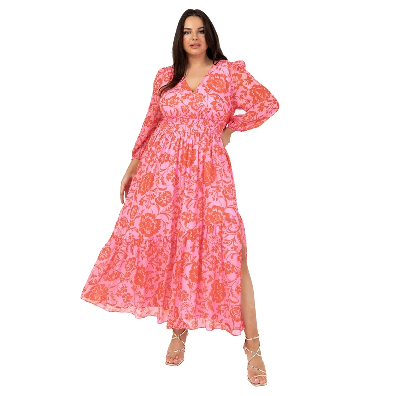 Lovedrobe Women's Ladies Maxi Dress Long Sleeve V-Neck Wrap Front Floral Animal Print Tie-Back A-line Elasticated Waist Pink 22