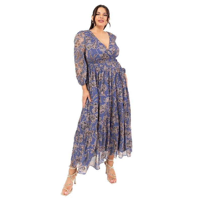 Lovedrobe Women's Maxi Dress Long Sleeve V-Neck Wrap Front Floral Animal Print Tie-Back A-line Elasticated Waist Blue 46, Blue, 20