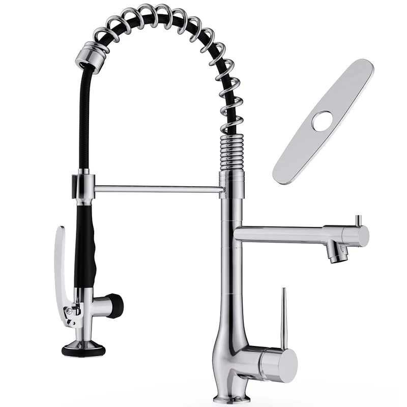 GIMILI Chrome Kitchen Faucet with Pull Down Sprayer, Single Handle High Pressure Kitchen Sink Faucet, Commercial Double-Headed Stainless Steel Kitchen Faucets Sink with Deck Plate