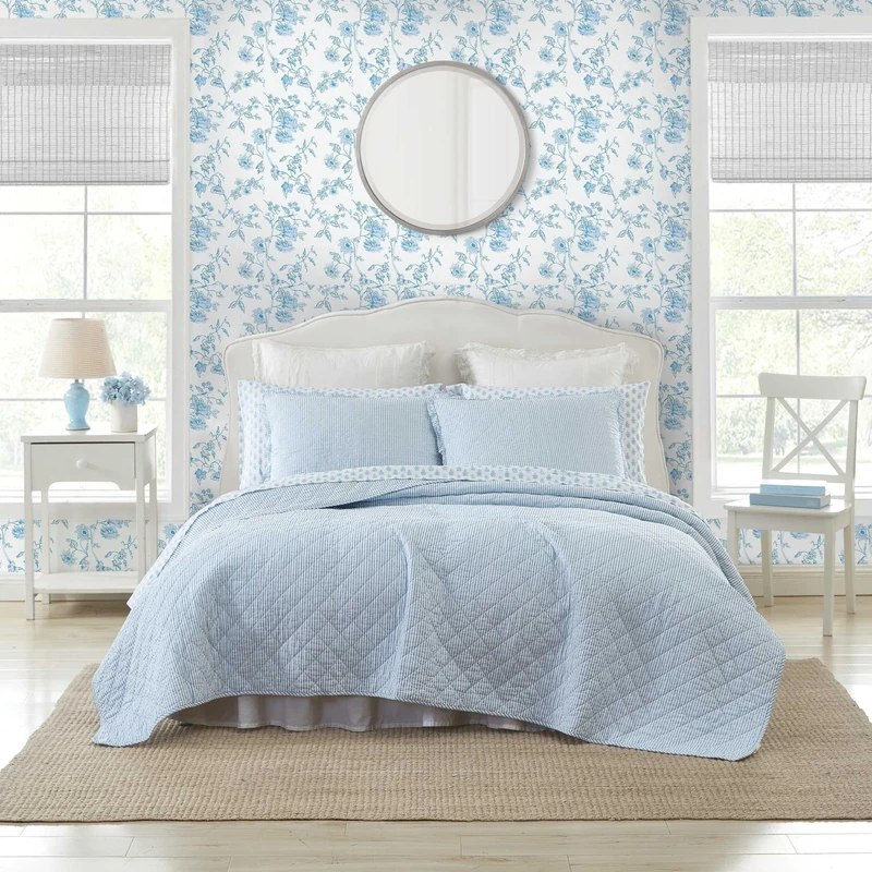 Laura Ashley - Quilt Set, Super Soft Bedding with Matching Sham, Casual Home Decor (Oxford Stripe Blue, Twin)