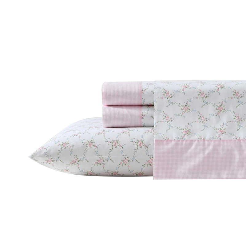 Laura Ashley - Twin Bed Sheets, Cotton Percale Bedding with Matching Pillowcase, Crisp & Cool Bed Set with Deep Pocket, Dorm Essentials, Oeko-Tex Certified, Coquette Room Decor (Lynda Pink)