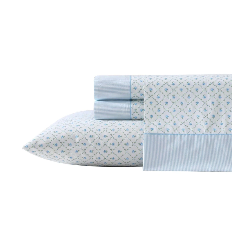 Laura Ashley - Sheet Set, Breathable Percale Cotton Bedding, 200 Thread Count, Deep Pocket, Chic Home Decor (Kate Blue, Queen)