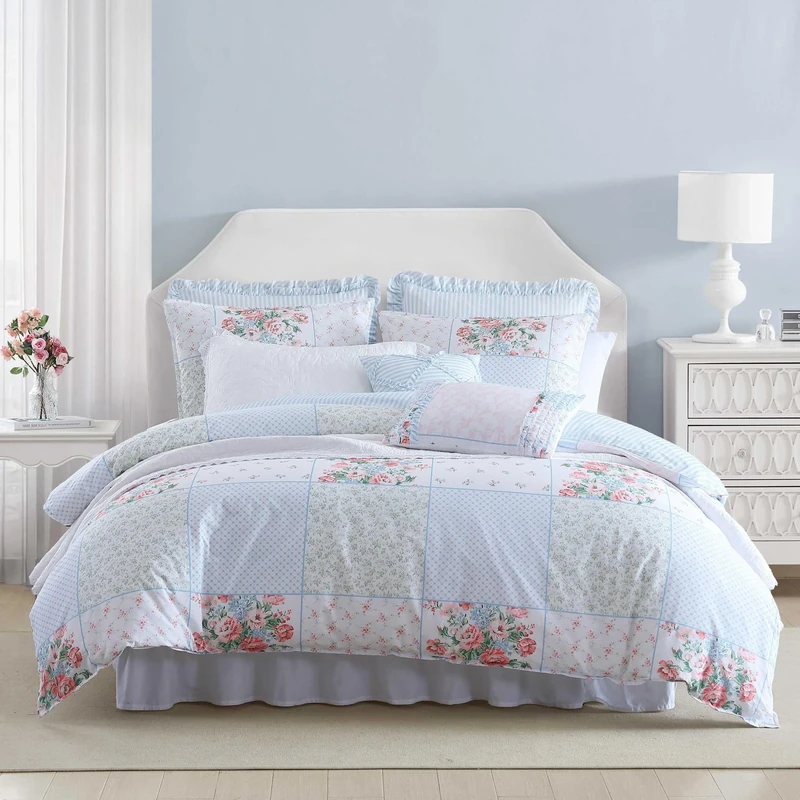 Laura Ashley - Duvet Set, Super Soft & Cozy Bedding, Includes Matching Shams & Bonus Throw Pillow Covers, Luxurious Home Decor (Hope Patchwork Blue, Full/Queen)