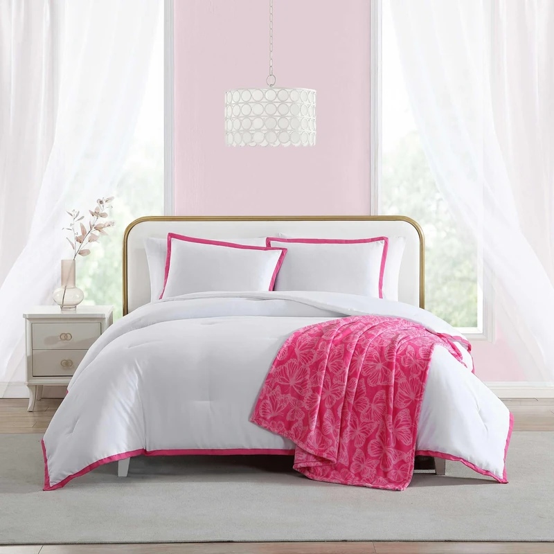 Betsey Johnson - Comforter Set, Soft Bedding with Matching Shams, Bonus Throw Included, Chic Solid Room Decor (Signature Hotel Pink, Full/Queen) - Image 1