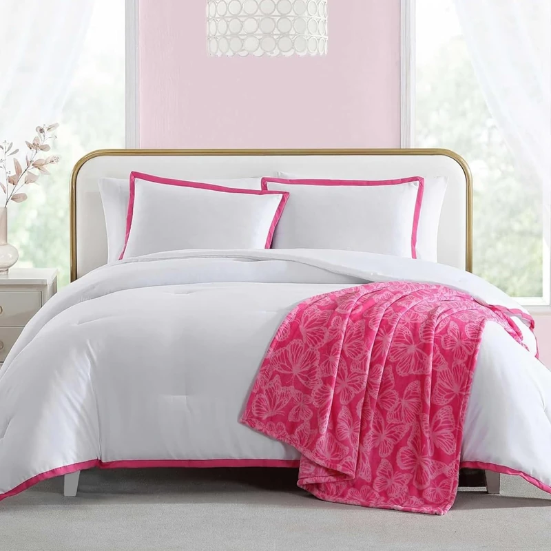 Betsey Johnson - Comforter Set, Soft Bedding with Matching Sham, Bonus Throw Included, Chic Solid Room Decor (Signature Hotel Pink, Twin)
