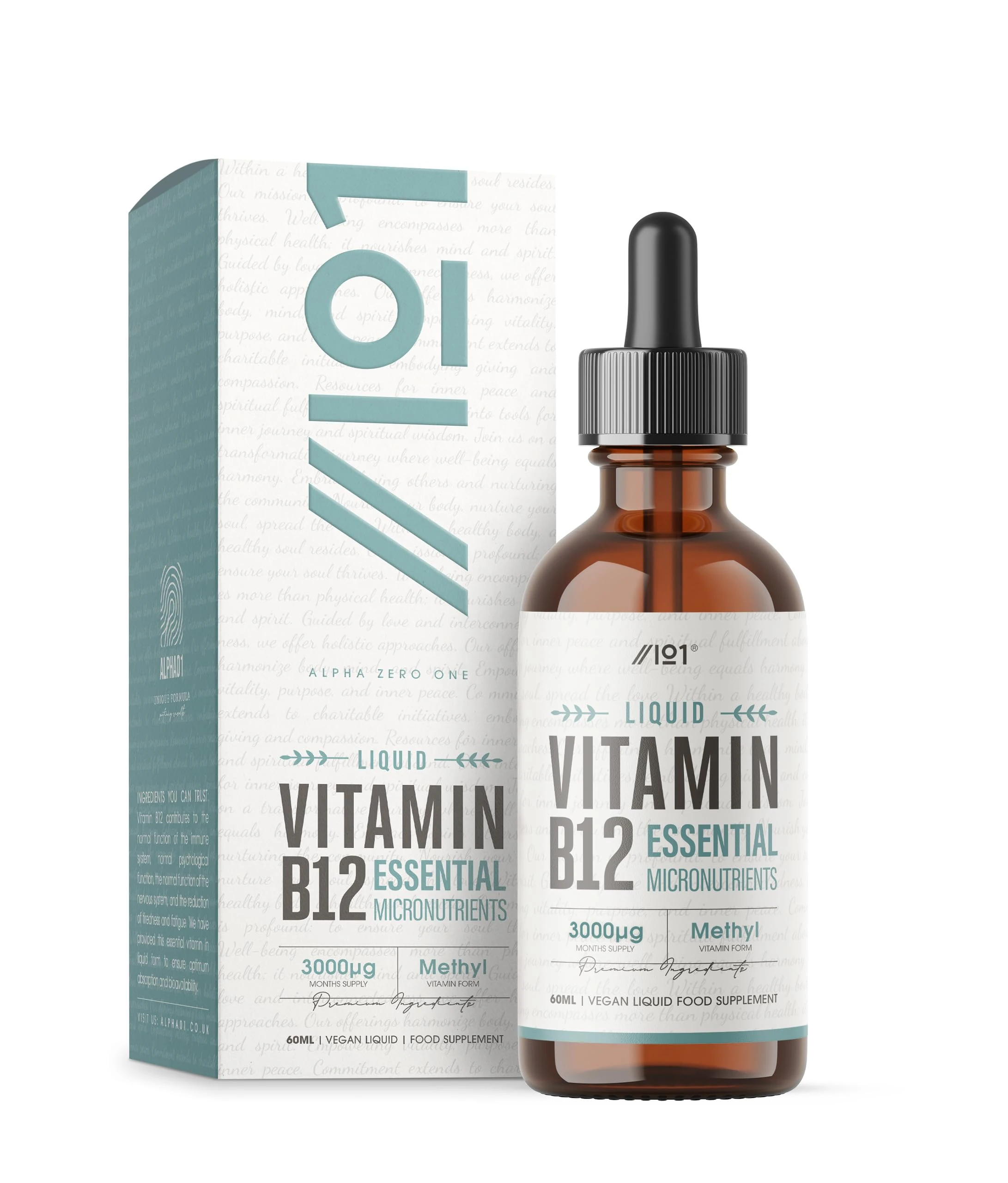 Vitamin B12 Liquid Drops 3000mcg - 60ml (2 Months Supply) - High Strength Methylcobalamin Supplement - Vegan & Vegetarian Friendly - by Alpha01