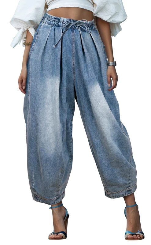 UQJE Women's Wide Leg Baggy Jeans Plus Size Loose Elastic Waist Denim Pants with Deep Pockets Light Blue, Light Blue-2, S