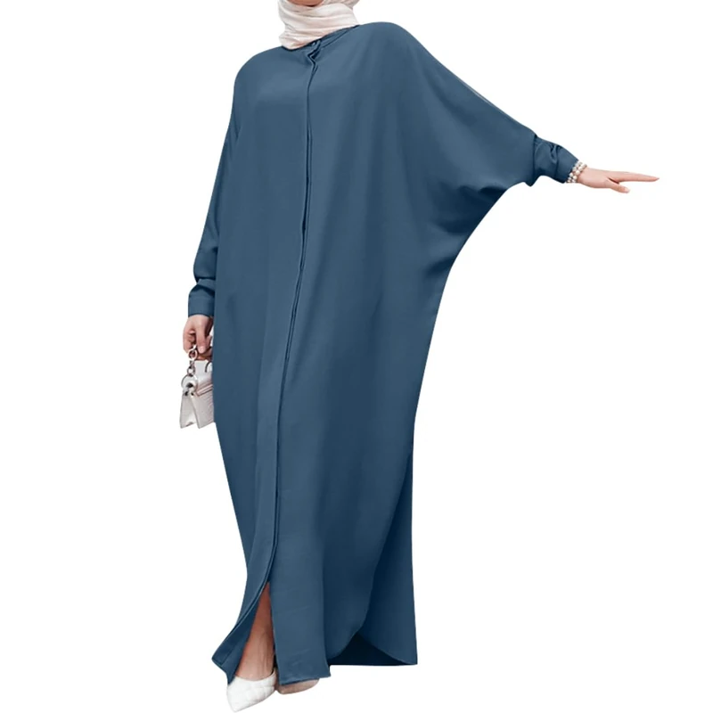 FYMNSI Abayas for Women Muslim Dress Modest Maxi Robe Abaya Kaftan Dresses Eid Prayer Clothes Arabian Islamic Dubai Outfit, Blue, One Size