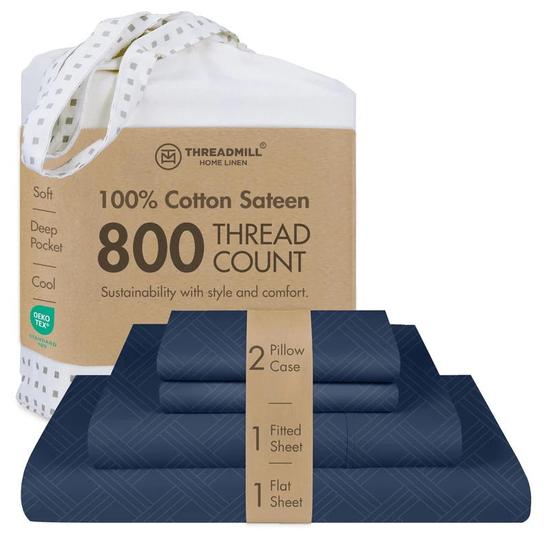 Threadmill King Size Sheets for King Mattress | 800 Thread Count Jacquard Folkstone Blue | Better Than Egyptian Cotton | 4 Pc Bed Sheets | Damask Sheets Fits 16'' Deep Pocket | 100% Cotton Sheet