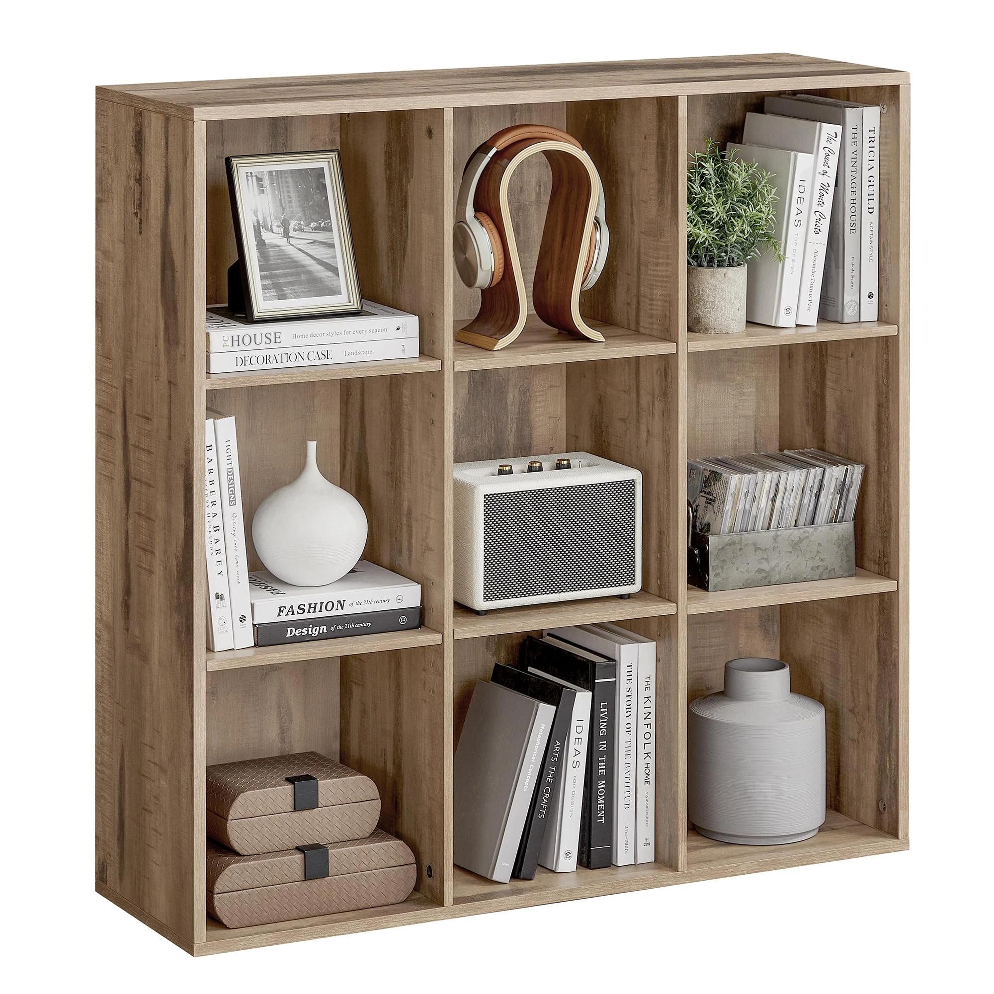 VASAGLE Bookcase, Bookshelf, Storage Shelf with 9 Compartments, Standing Shelf, Cube Shelf, for Living Room, Home Office, Dinning Room, Camel Brown LBC177K01
