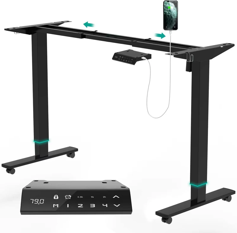 JUMMICO Height-Adjustable Desk Frame 73-122 cm, Table Frame Height Adjustable with Cable Tray and USB, Desk Frame Height Adjustable with 4-Position Memory (Black)