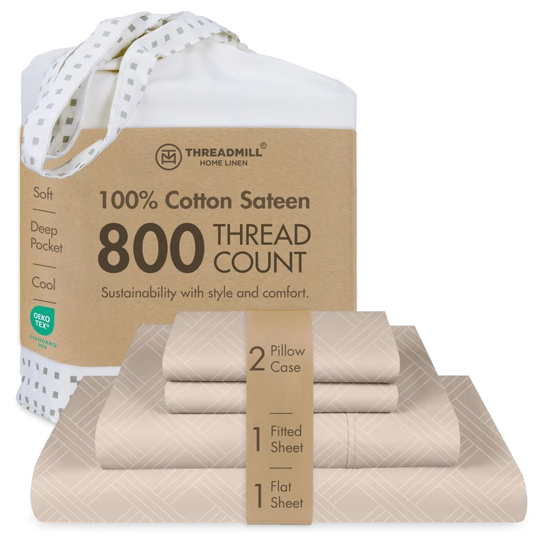 Threadmill Queen Sheet Set for Queen Mattresses | 800 Thread Count Jacquard Celine Light Beige | Better Than Egyptian Cotton | 4 Pc Bed Sheets | Elasticized Deep Pocket | 100% Cotton Queen Sheets