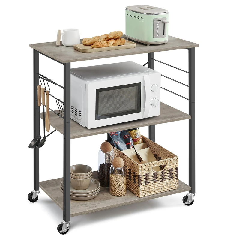 VASAGLE Kitchen Shelf on Wheels, Serving Trolley with 3 Shelves, Microwave Shelf, for Mini Oven, Toaster, with 6 Hooks, 40 x 80 x 89 cm, Industrial Style, Heather Greige and Ink Black KKS067K02