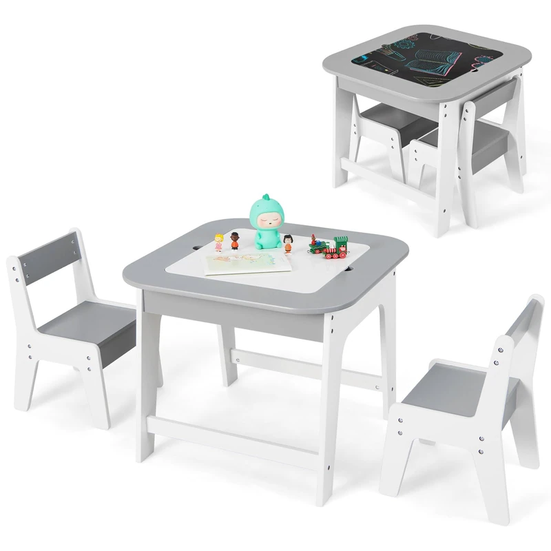 GYMAX Kids Table and Chair Set, Children Activity Desk with Removable Blackboard/Whiteboard Tabletop & Hidden Storage Space, Wooden Toddler Furniture Set for Drawing Playing Learning (Grey+White)