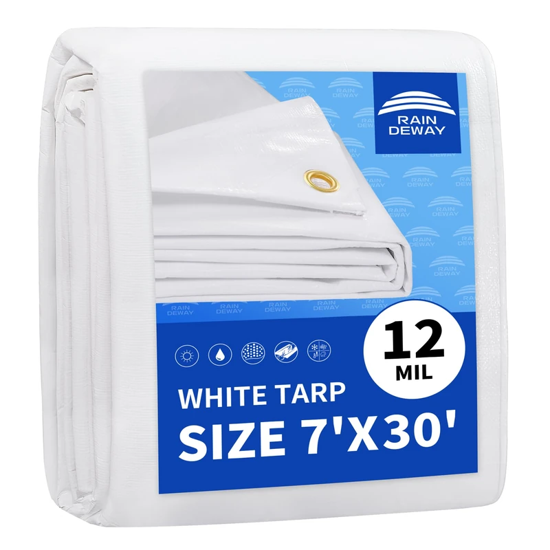 RAINDEWAY 7' X 30' White Heavy Duty Waterproof Poly Tarp Multipurpose Cover