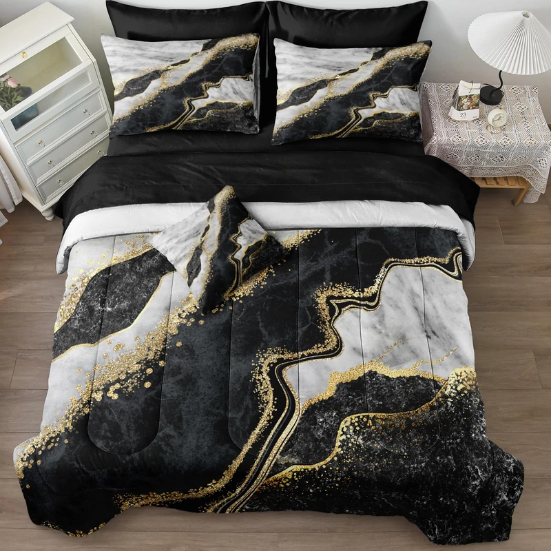 Merryword Black White Marble Comforter Set California King Size 8 Pieces Bed in a Bag Gold Metallic Marble Design Bedding with 1 Comforter, 4 Pillowcases, 1 Flat Sheet, 1 Fitted Sheet, 1 Cushion Cover