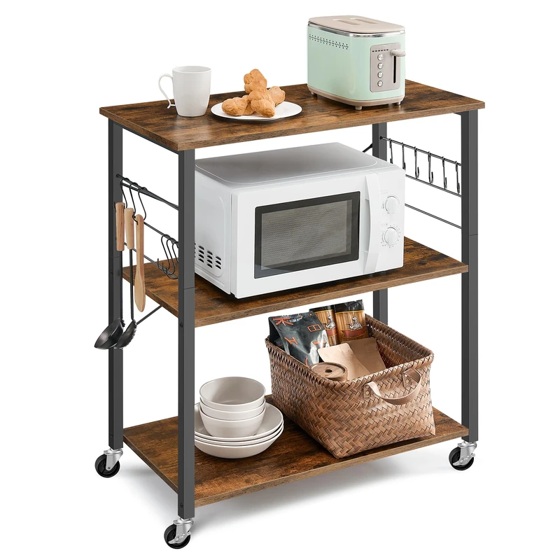 VASAGLE Kitchen Shelf on Wheels, Serving Trolley with 3 Shelves, Microwave Shelf, for Mini Oven, Toaster, with 6 Hooks, 40 x 80 x 89 cm, Industrial Style, Rustic Brown and Ink Black KKS067K01 - Image 1
