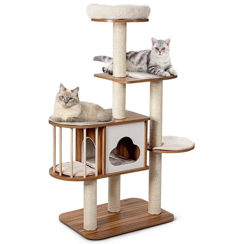 GYMAX Wooden Cat Tree, Cats Play Tower (5-Tier: 68x48x142cm, Brown)