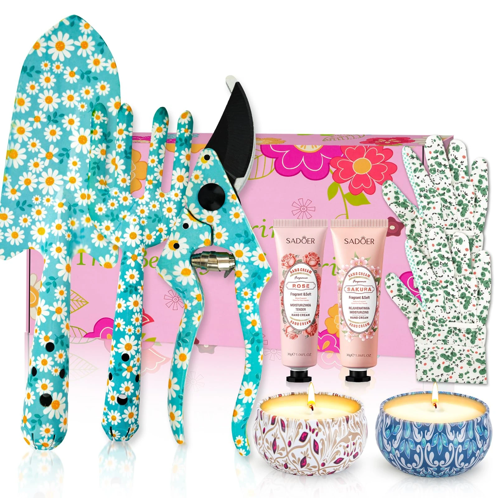 Gardening Gifts For Women, Gardening Hand Tool Kits, Trowel, Fork, Scissors, Gloves, 2 Hand Cream, Candles, 30 40 50 60 Birthday Gifts for Women, Mum Birthday Presents