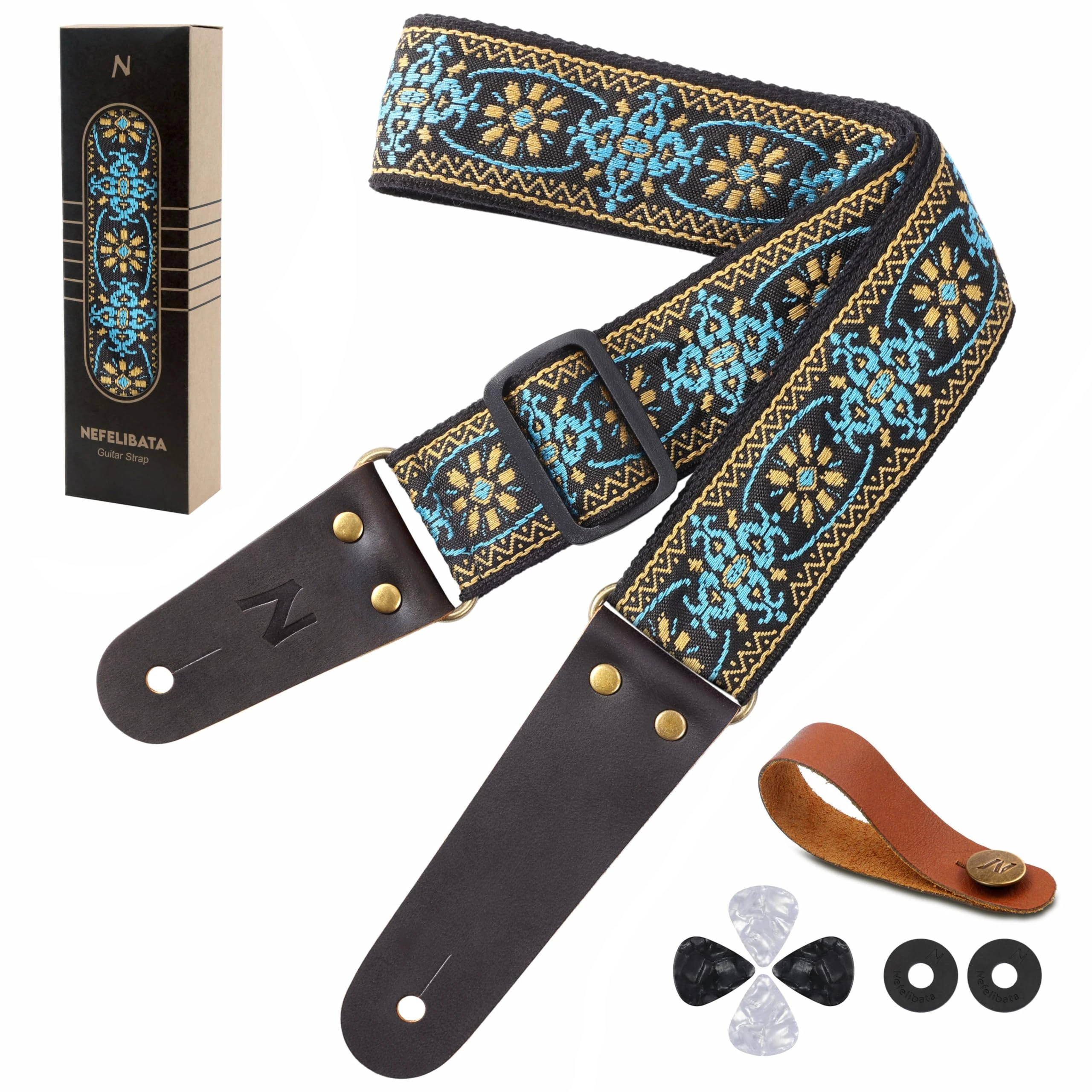 Nefelibata Guitar Strap, Embroidered Cotton Guitar Straps with Head Cowhide Leather Ends for Bass, Electric & Acoustic Guitars, Free Strap Button, 1 Pair Strap Locks and 4 Guitar Picks