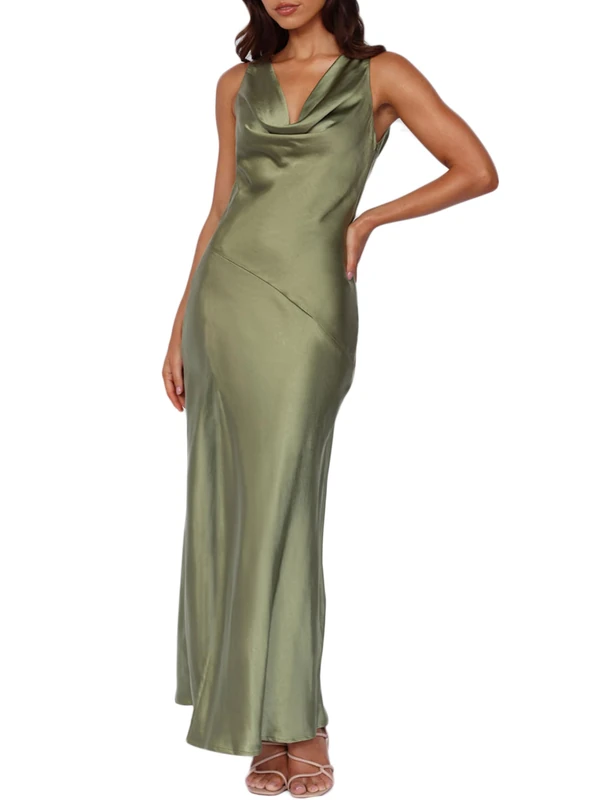 Satin Cowl Neck Sleeveless Backless Maxi Wedding Guest Dress Silk Open Back Tie Back Prom Formal Dresses for Women 2025, Olive, S