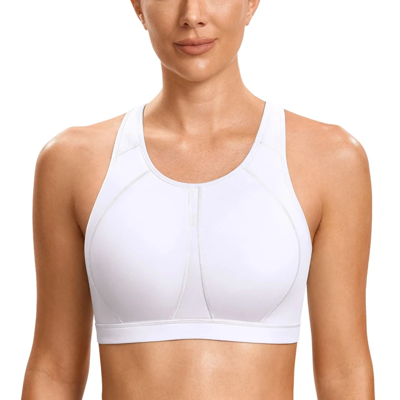 SYROKAN Women's Sports Bra for Large Breasts High Impact Full Coverage Padded Wireless Running Halter Neck Bra White 2 34DD